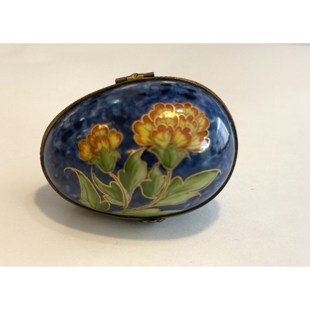 Limoges France Peint Main Porcelain Egg Trinket Box Hand Painted Floral Blue